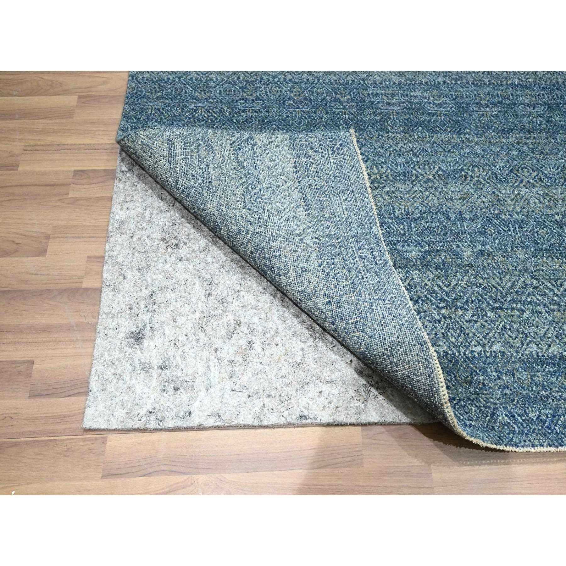 Indian 8'x10' Denim Blue Geometric Repetitive Diamond Pattern Hand Knotted Wool Rug For Sale