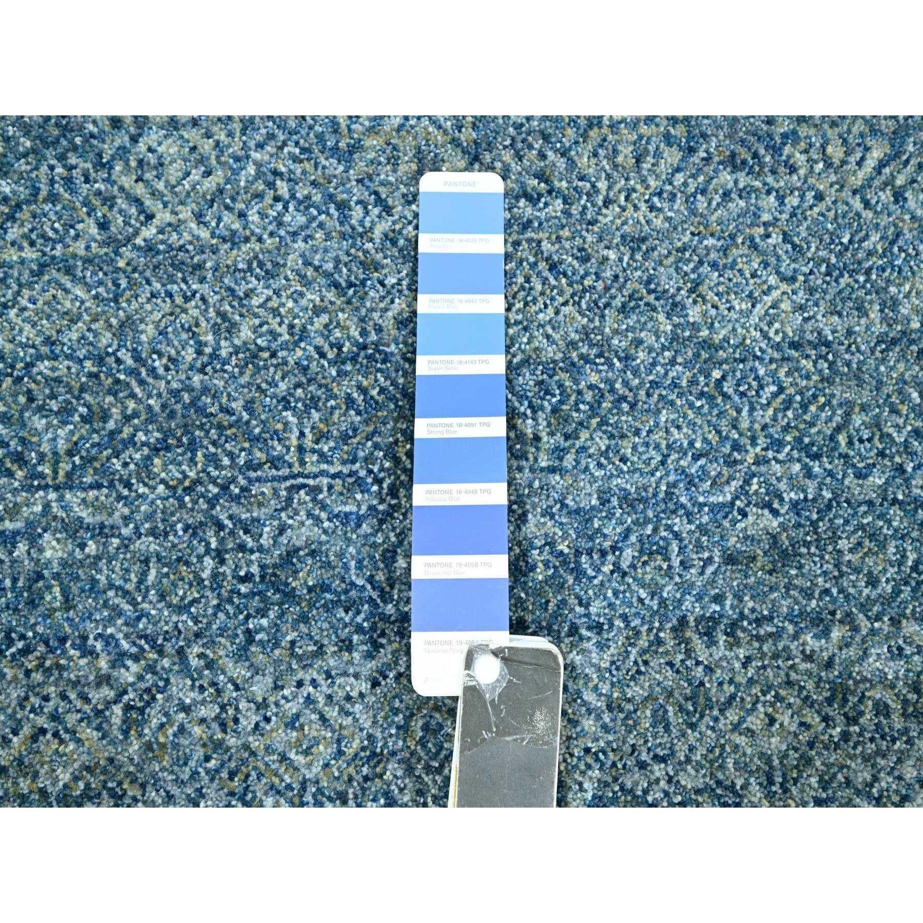 Contemporary 8'x10' Denim Blue Geometric Repetitive Diamond Pattern Hand Knotted Wool Rug For Sale