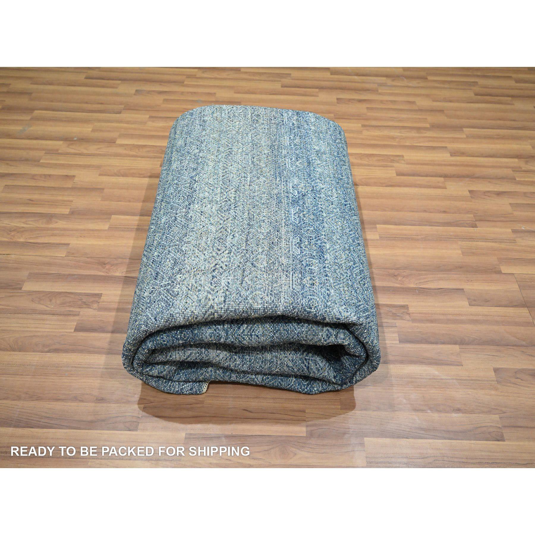 8'x10' Denim Blue Geometric Repetitive Diamond Pattern Hand Knotted Wool Rug For Sale 2