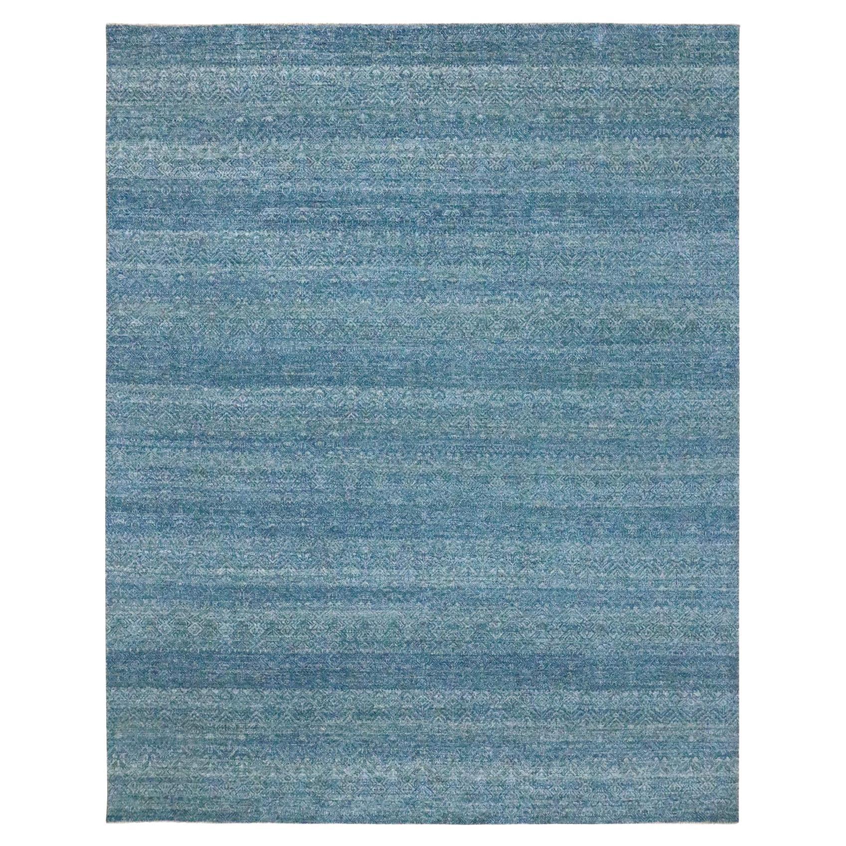 8'x10' Denim Blue Geometric Repetitive Diamond Pattern Hand Knotted Wool Rug For Sale