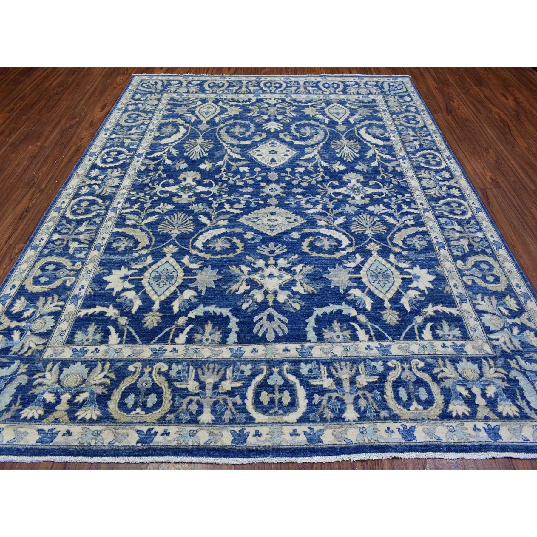 Medievale 8'x10' Blu Denim, Tappeto orientale Peshawar di lana morbida annodata a mano, pregiato in vendita