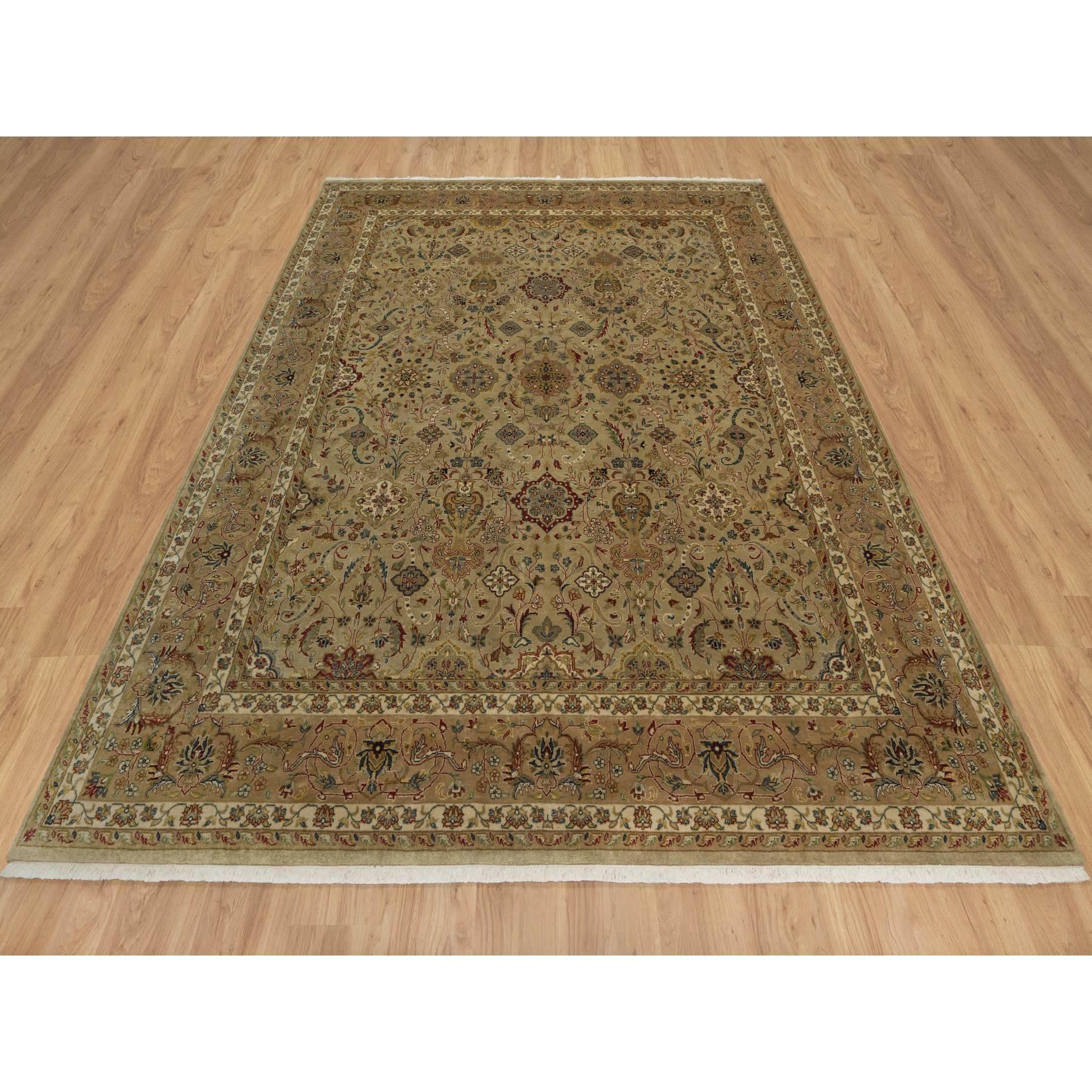 Ecru Brown, Kashan Design, 300 KPSI, Hand Spun New Zealand Wool, Hand Knotted, Denser Weave, Oriental Rug
Primary materials: Wool
Latex: No Pile 
height: 0.25 Inches
Style: Traditional
Primary color: Brown
Secondary colors: Red, Yellow, Green, Gray,
