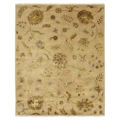 8'x10' Ecru Brown Wool and Silk Botanical Design Hand Knotted Oriental Rug