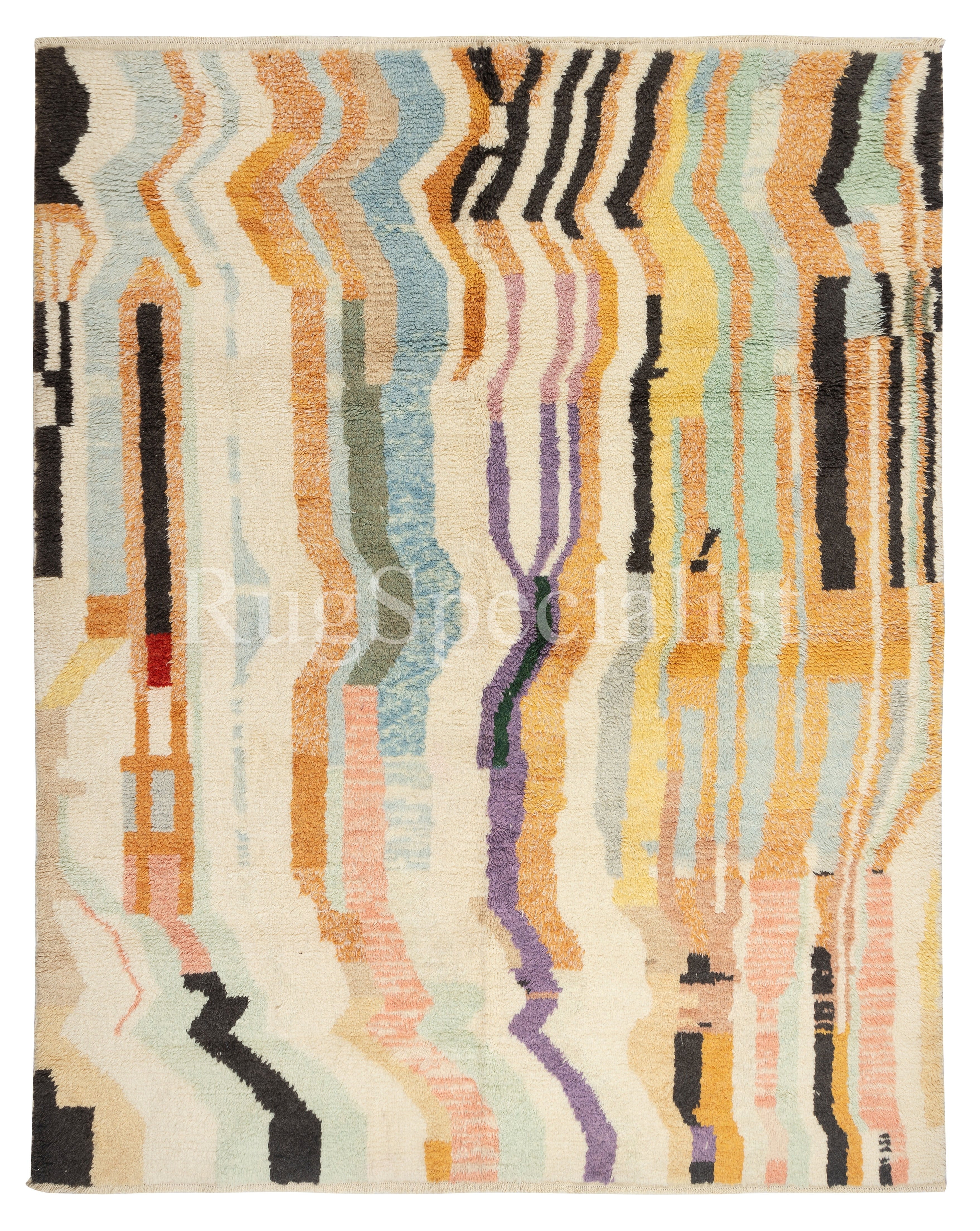 8x10 Ft Abstract Hand-knotted Tulu Rug. Multicolor Wool Carpet for Living Room