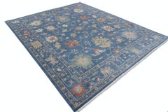 8x10 ft Blue Modern Wool Area Rug, Floral Oushak Style Carpet for Home Decor