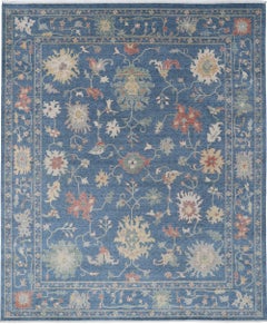8x10 ft Blue Modern Wool Area Rug, Floral Oushak Style Carpet for Home Decor