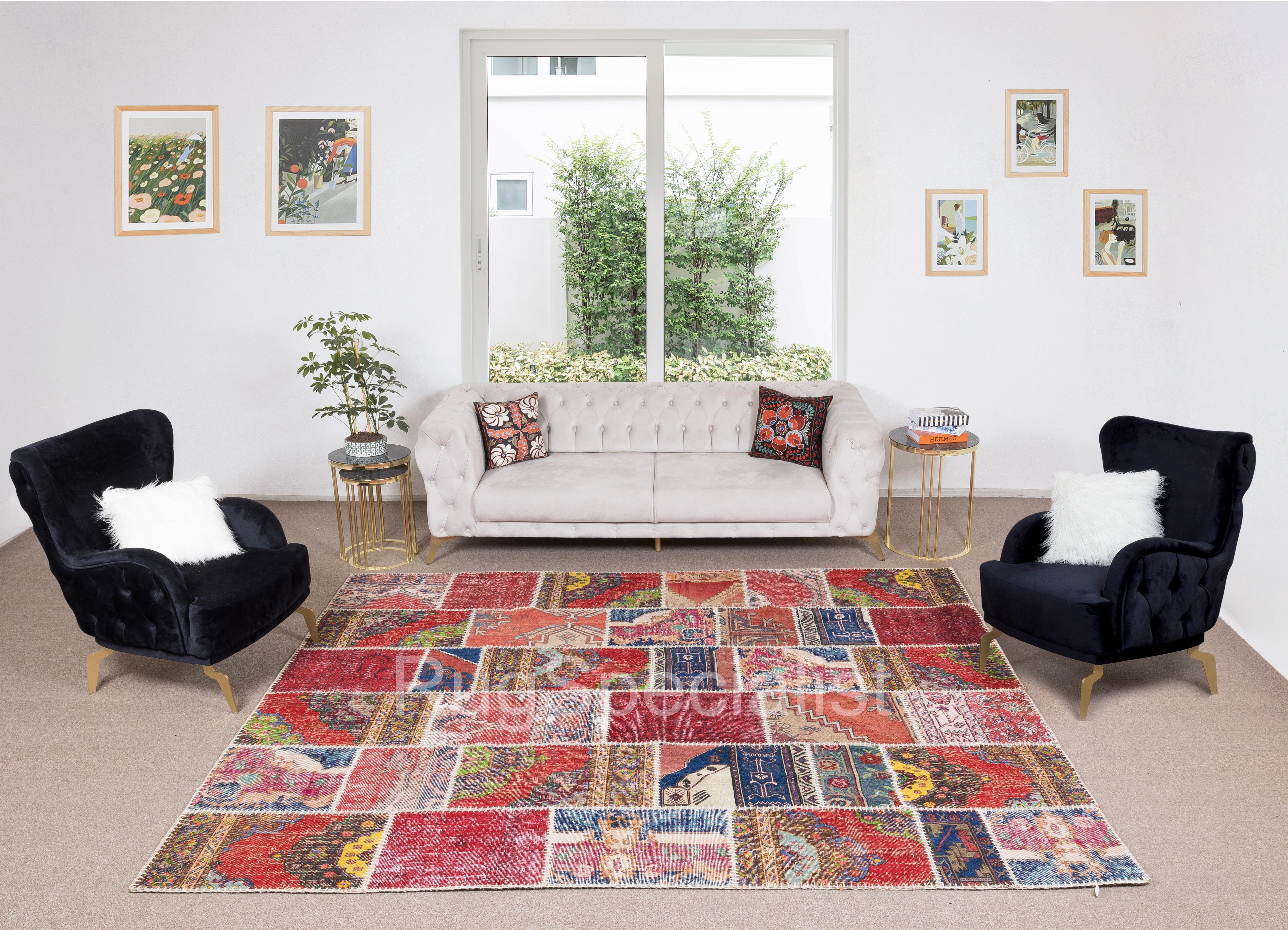 This Patchwork rug is hand-made from assorted pieces of vintage Turkish Kilims (flat-woven rugs), it is reinforced with a durable cotton twill/underlay stitched on the back for a smooth finish and extra thickness. The banded kilims used in making