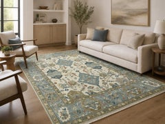8x10 ft Contemporary Handmade Wool Area Rug, Ivory and Blue Floral Design Carpet