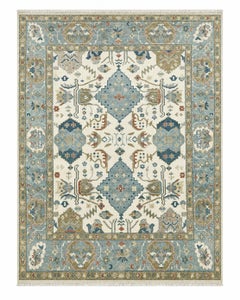 8x10 ft Contemporary Handmade Wool Area Rug, Ivory and Blue Floral Design Carpet