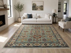8x10 ft Contemporary Handmade Wool Area Rug, Turquoise Geometric Pattern Carpet