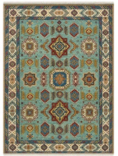 8x10 ft Contemporary Handmade Wool Area Rug, Turquoise Geometric Pattern Carpet