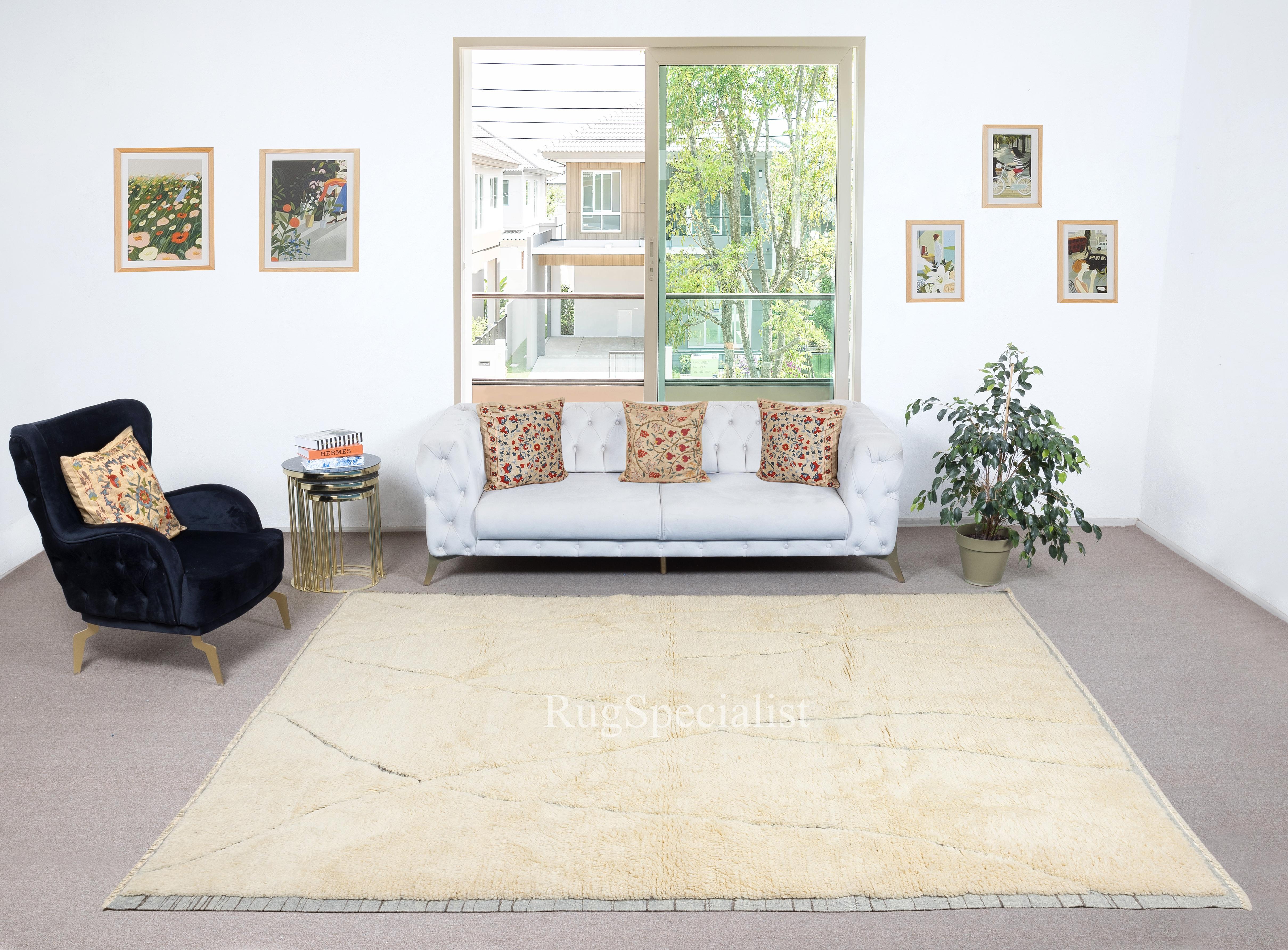 Hand-Knotted 8x10 Ft Contemporary Moroccan Style Rug. Natural Wool. Custom Options Available For Sale