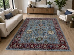 8x10 ft Hand-Knotted Area Rug, Modern Floral Design Blue Carpet for Living Room