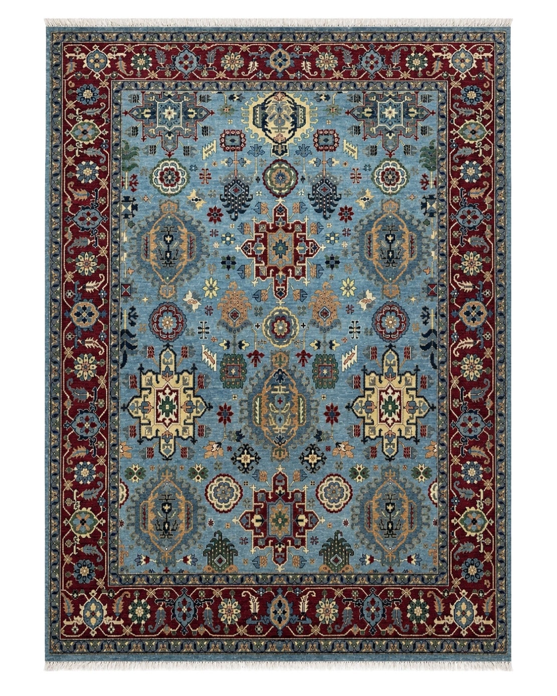 8x10 ft Hand-Knotted Area Rug, Modern Floral Design Blue Carpet for Living Room