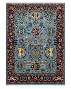 8x10 ft Hand-Knotted Area Rug, Modern Floral Design Blue Carpet for Living Room