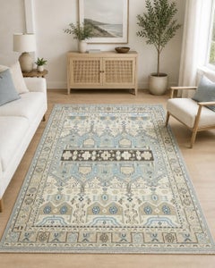 8x10 ft Hand-Knotted Floral Oushak Wool Area Rug, Blue and Ivory Carpet