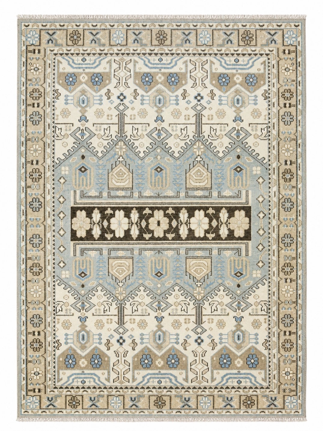 Tappeto 8x10 ft annodato a mano in lana Oushak floreale, blu e avorio