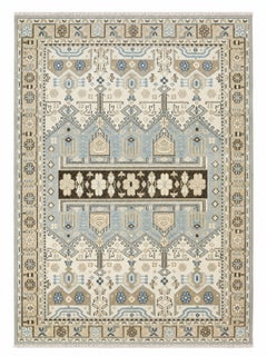 8x10 ft Hand-Knotted Floral Oushak Wool Area Rug, Blue and Ivory Carpet