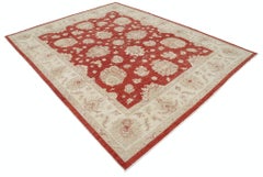 8x10 ft Hand Knotted Floral Turkish Area Rug with Red Field and Ivory Border