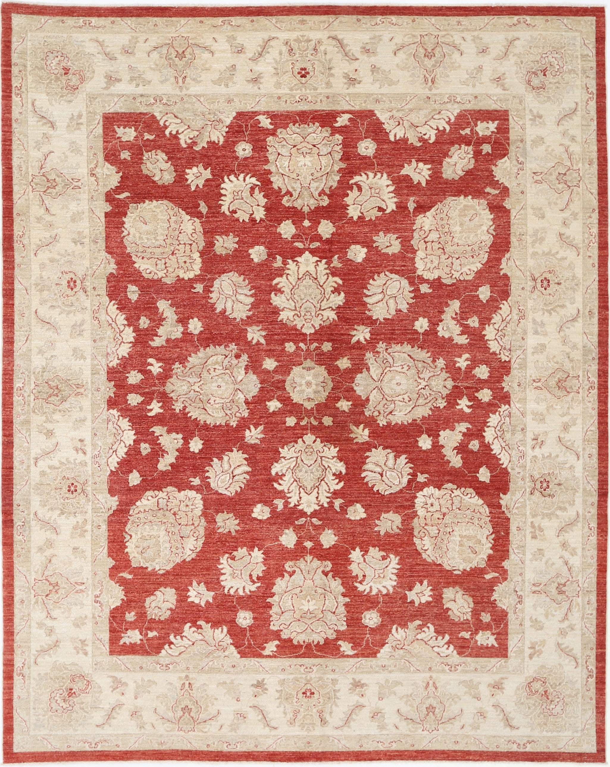 8x10 ft handgeknüpfter floraler türkischer Teppich mit rotem Feld und elfenbeinfarbener Bordüre