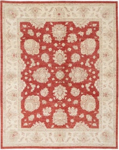 8x10 ft handgeknüpfter floraler türkischer Teppich mit rotem Feld und elfenbeinfarbener Bordüre