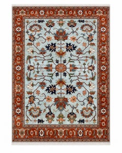 8x10 ft Hand-Knotted Oushak Area Rug for Living Room, Blue Floral Design Carpet