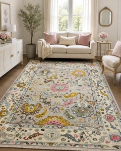 8x10 ft Hand-Knotted Oushak Area Rug for Living Room, Ivory Floral Design Carpet