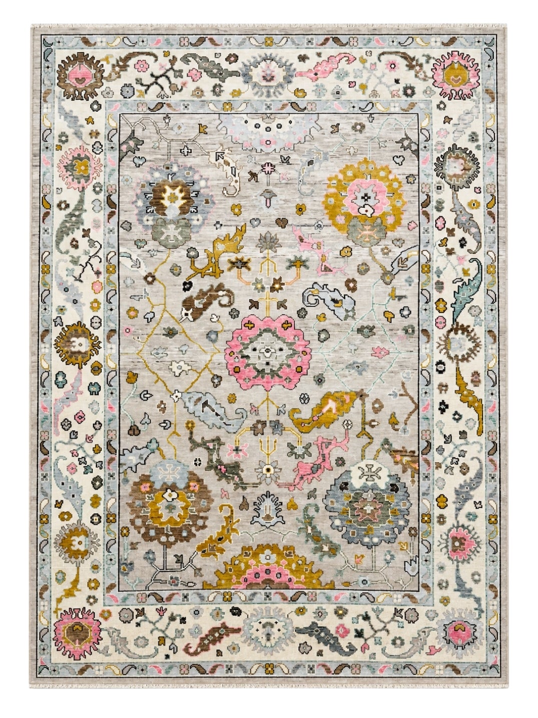 8x10 ft Hand-Knotted Oushak Area Rug for Living Room, Ivory Floral Design Carpet