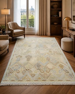 8x10 ft Hand-Knotted Oushak Wool Area Rug. Geometric Design Beige Carpet