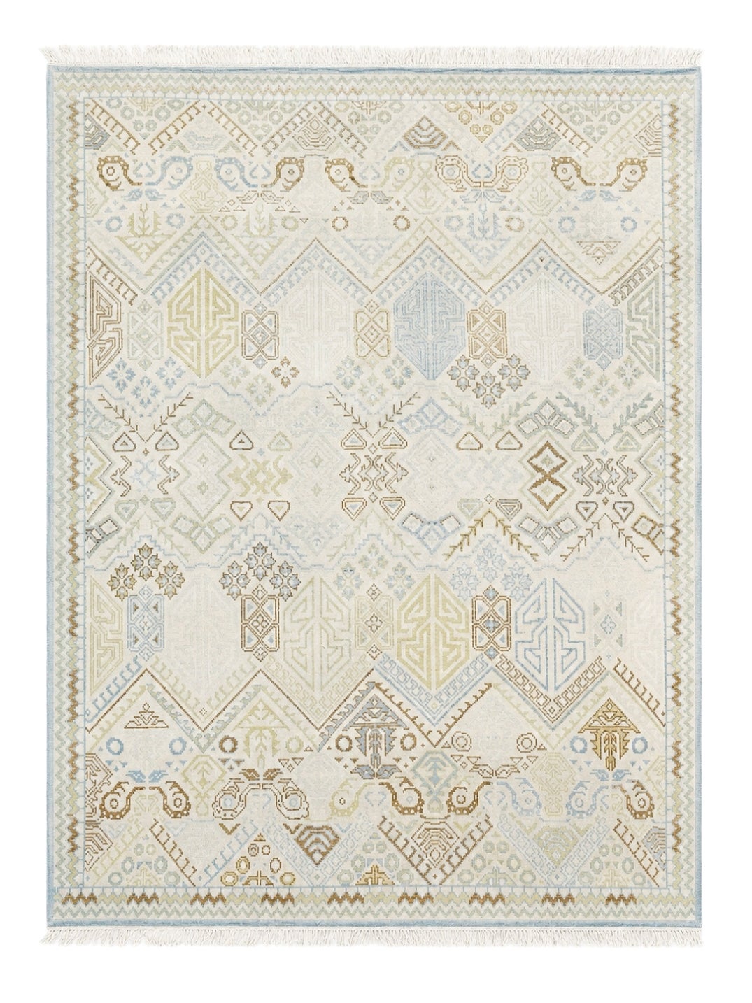 8x10 ft Hand-Knotted Oushak Wool Area Rug. Geometric Design Beige Carpet For Sale
