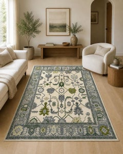 8x10 ft Hand-Knotted Oushak Wool Area Rug, Ivory, Green Floral Design Carpet