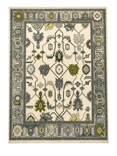 8x10 ft Hand-Knotted Oushak Wool Area Rug, Ivory, Green Floral Design Carpet