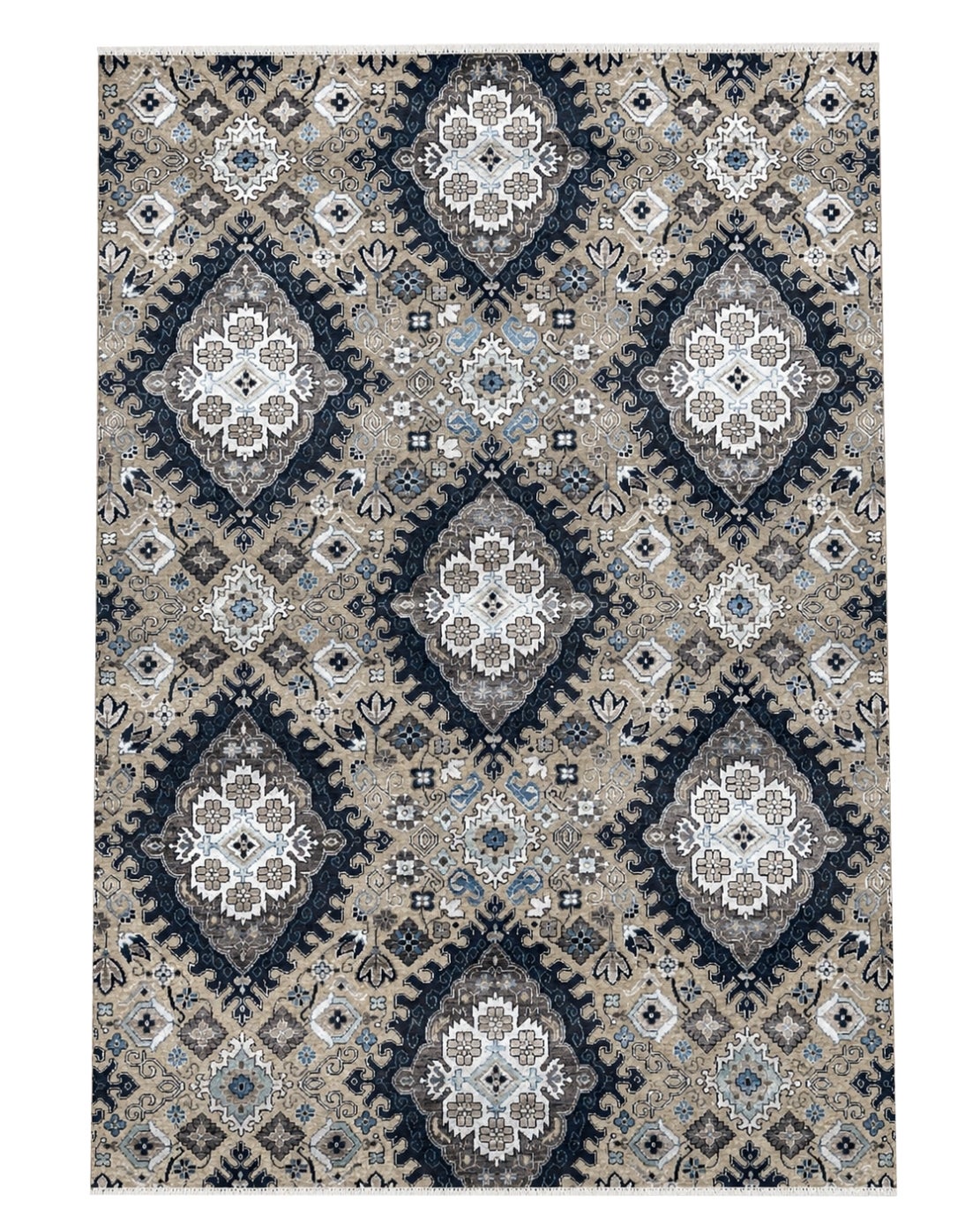 8x10 ft Hand-Knotted Wool Area Rug in Navy Blue and Taupe. Floral Motif Carpet