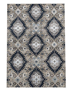 8x10 ft Hand-Knotted Wool Area Rug in Navy Blue and Taupe. Floral Motif Carpet