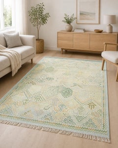 8x10 ft Hand-Knotted Wool Area Rug, Oushak Ivory Sage Green Design Carpet