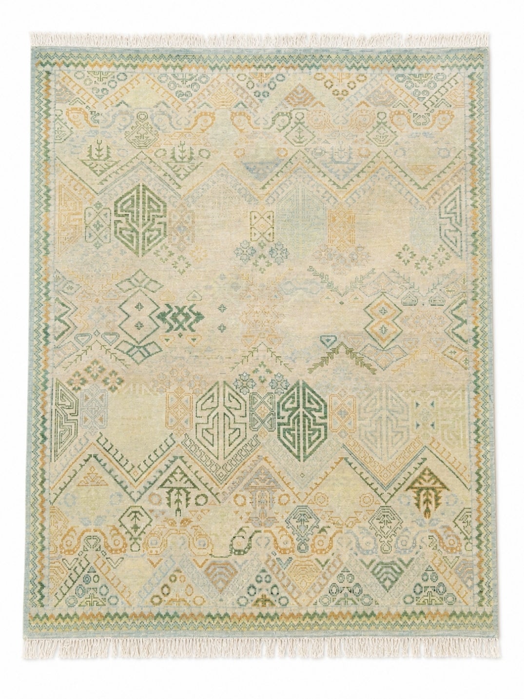 8x10 ft Hand-Knotted Wool Area Rug, Oushak Ivory Sage Green Design Carpet
