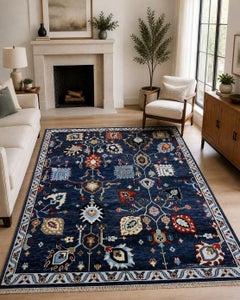8x10 ft Hand-Knotted Wool Area Rug, Oushak Navy Blue Floral Design Carpet