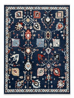 8x10 ft Hand-Knotted Wool Area Rug, Oushak Navy Blue Floral Design Carpet