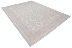 8x10 ft Handknotted Beige, Light Blue, Taupe Wool Rug. Geometric Trellis Pattern