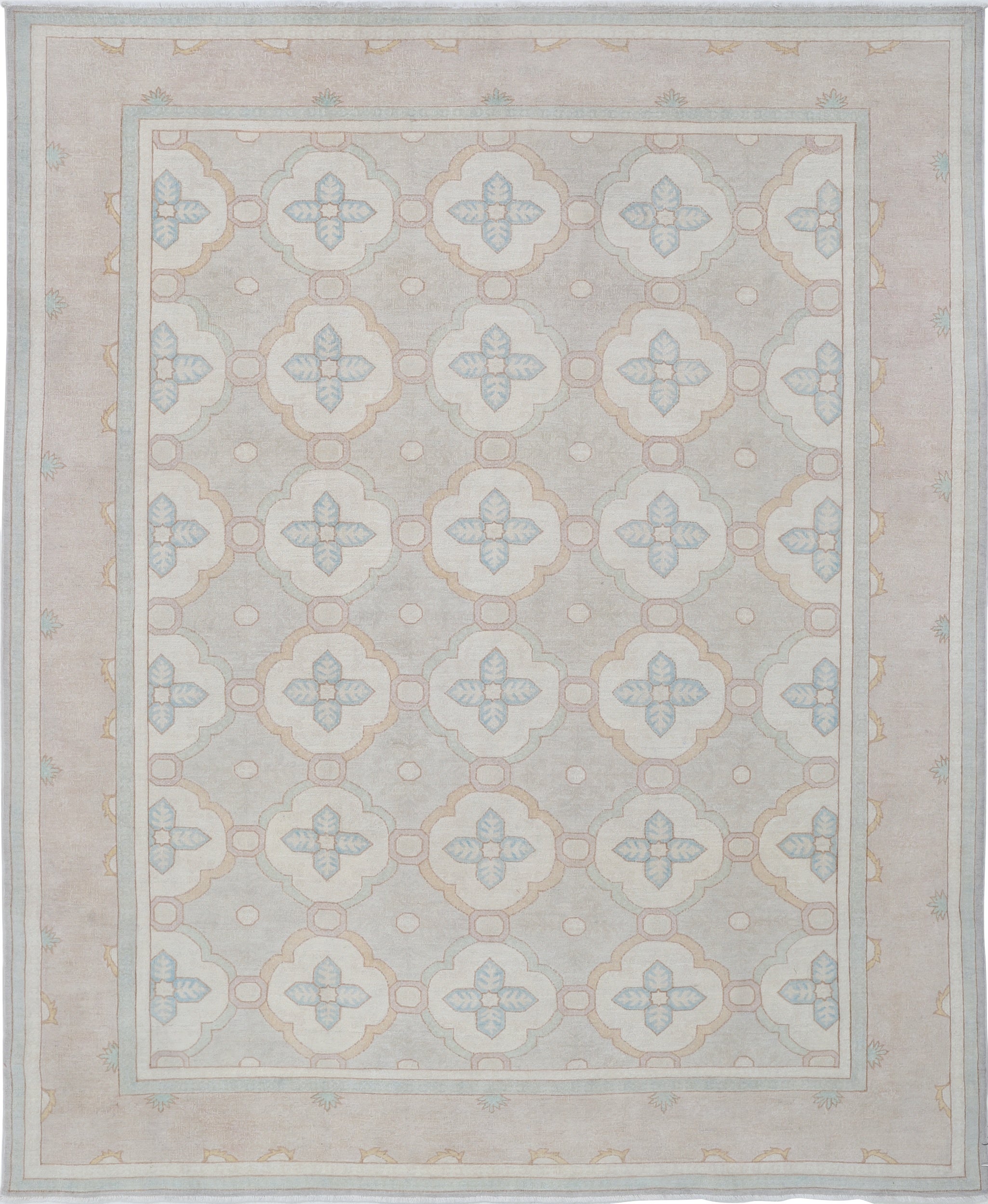 8x10 ft Handknotted Beige, Light Blue, Taupe Wool Rug. Geometric Trellis Pattern For Sale