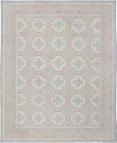 8x10 ft Handknotted Beige, Light Blue, Taupe Wool Rug. Geometric Trellis Pattern