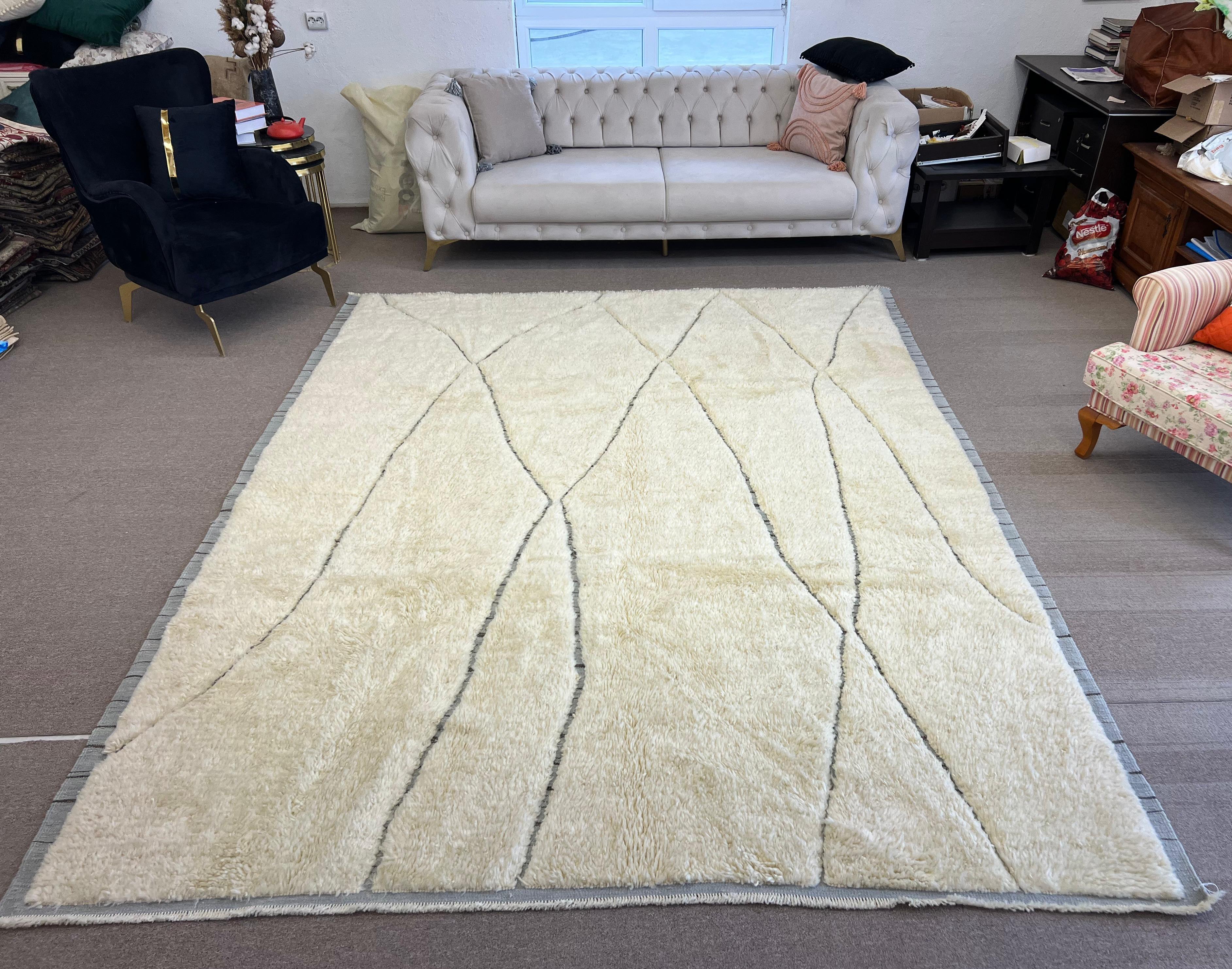 Turkish 8x10 Ft Contemporary Moroccan Style Rug. Natural Wool. Custom Options Available For Sale