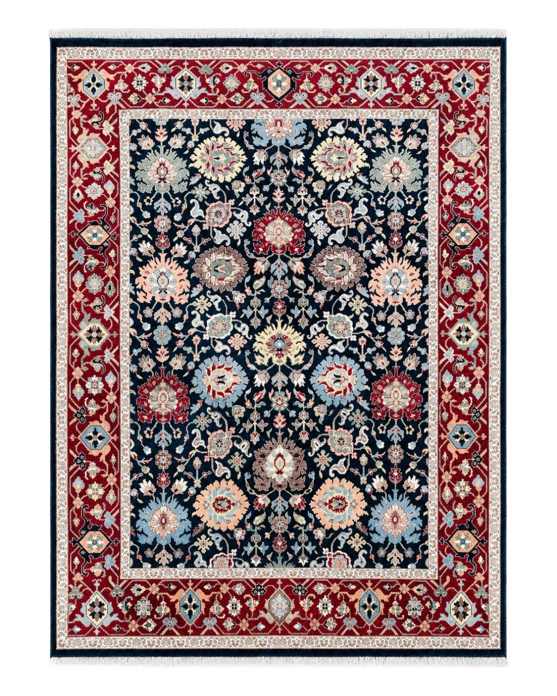 8x10 ft Handmade Wool Area Rug. Navy & Red Floral Pattern Carpet for Living Room