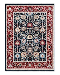 8x10 ft Handmade Wool Area Rug. Navy & Red Floral Pattern Carpet for Living Room