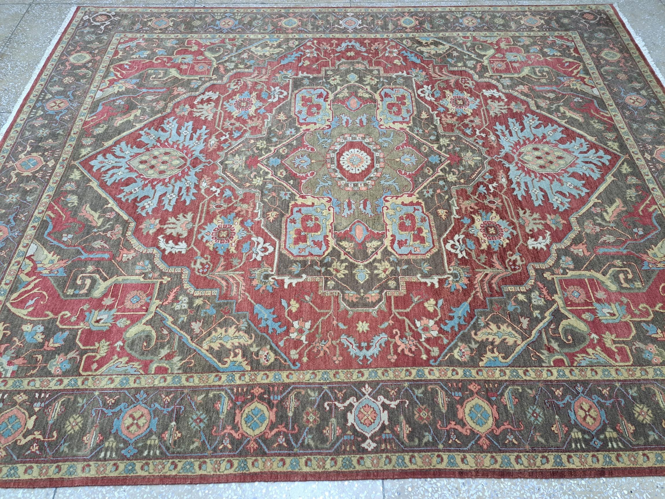 Annodato a mano 8x10 Ft Heriz Inspired Handmade Wool Rug. Antique Style Area Carpet. 100% Wool in vendita