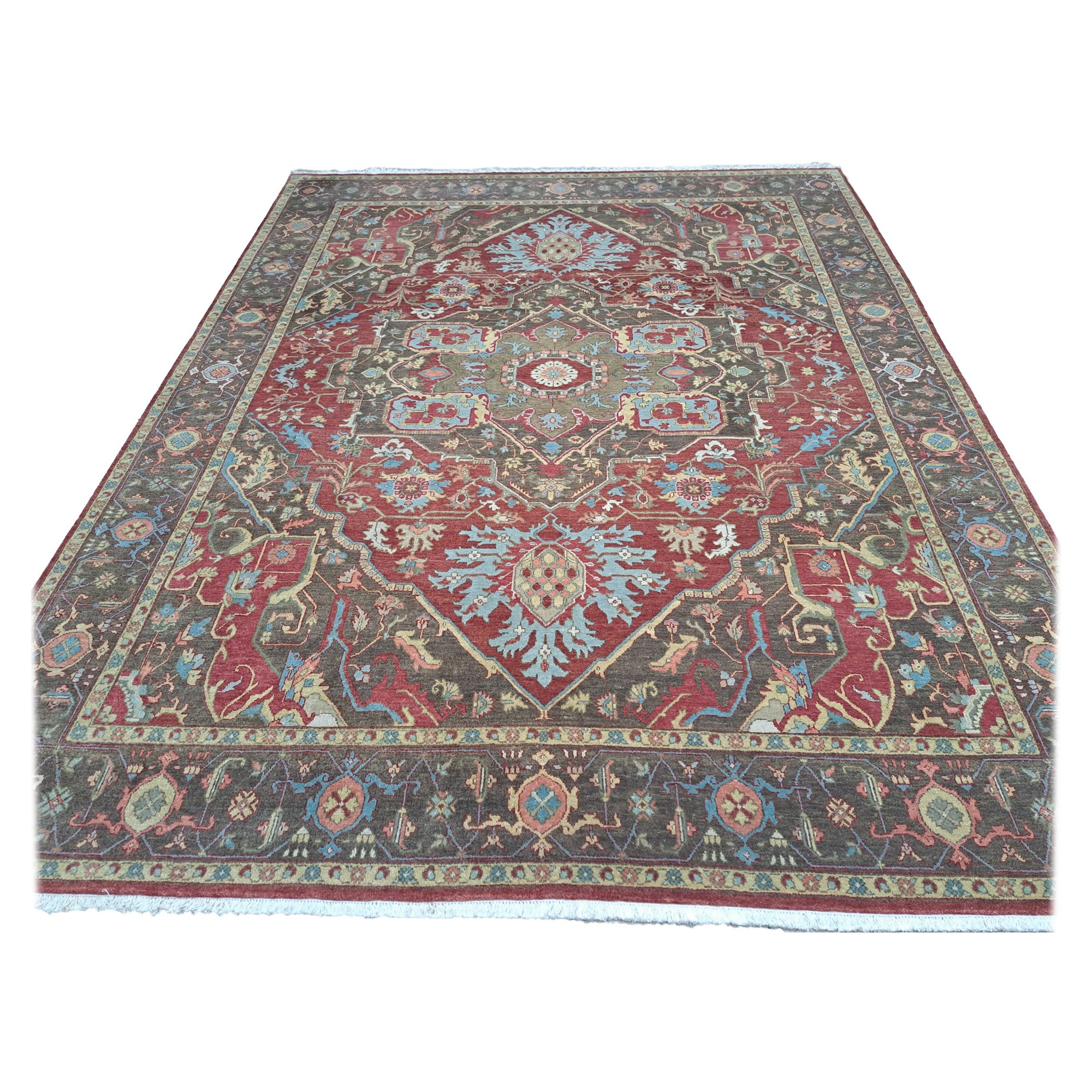 8x10 Ft Heriz Inspired Handmade Wool Rug. Antique Style Area Carpet. 100% Wool