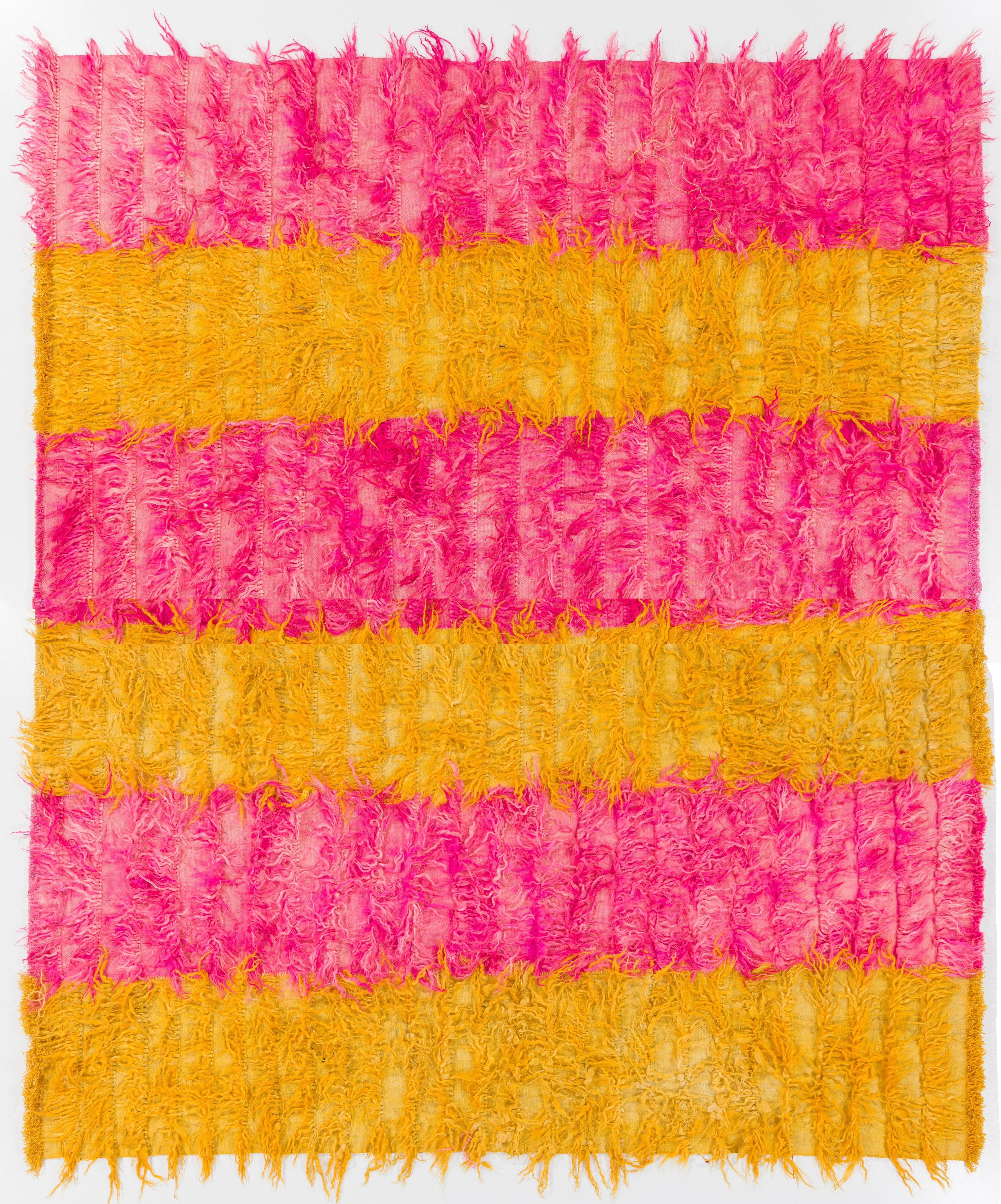 Modern 8x10 Ft Vintage Pink & Yellow Shag Pile Rug, 100% Wool. Custom Options Available For Sale