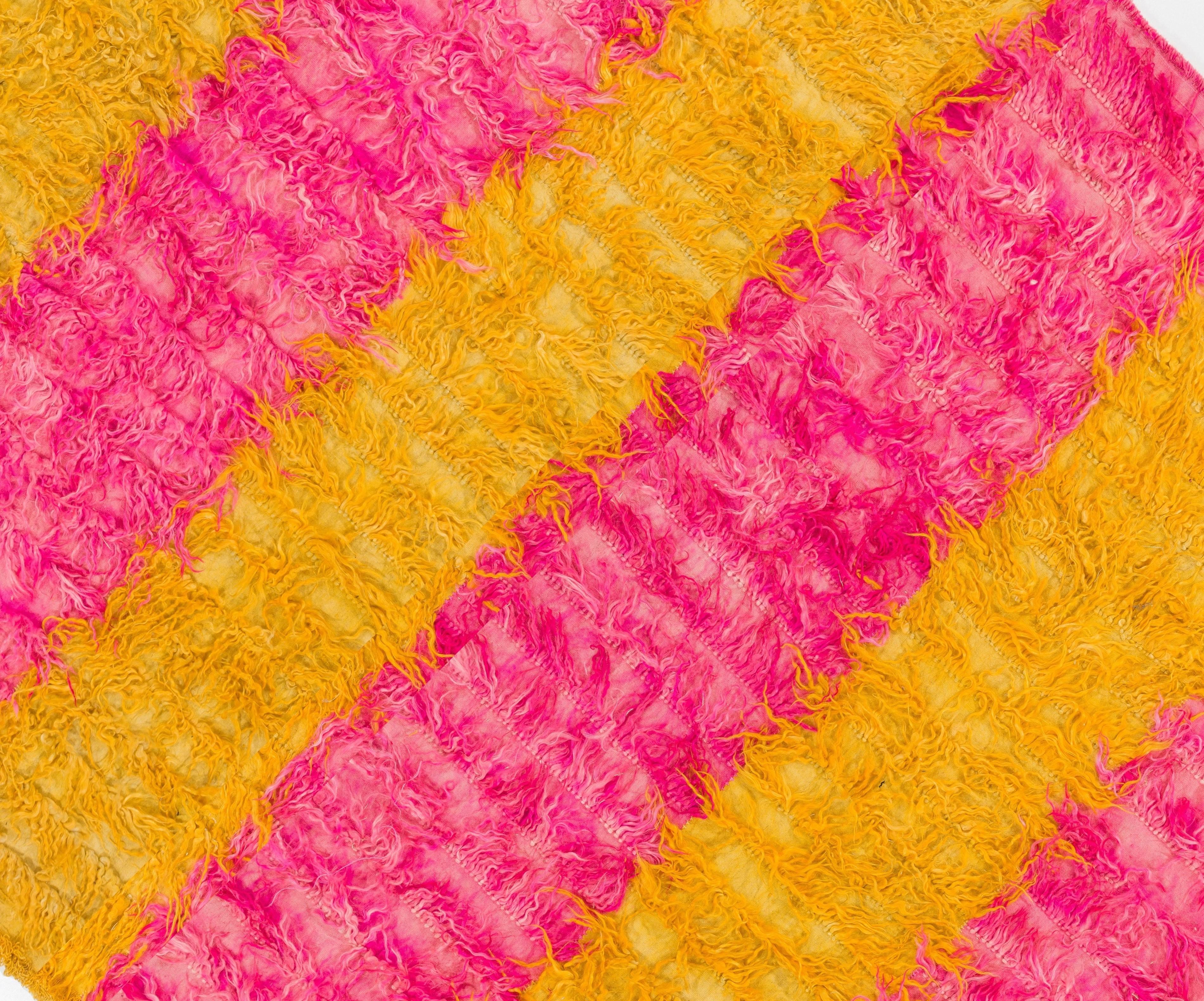Turkish 8x10 Ft Vintage Pink & Yellow Shag Pile Rug, 100% Wool. Custom Options Available For Sale