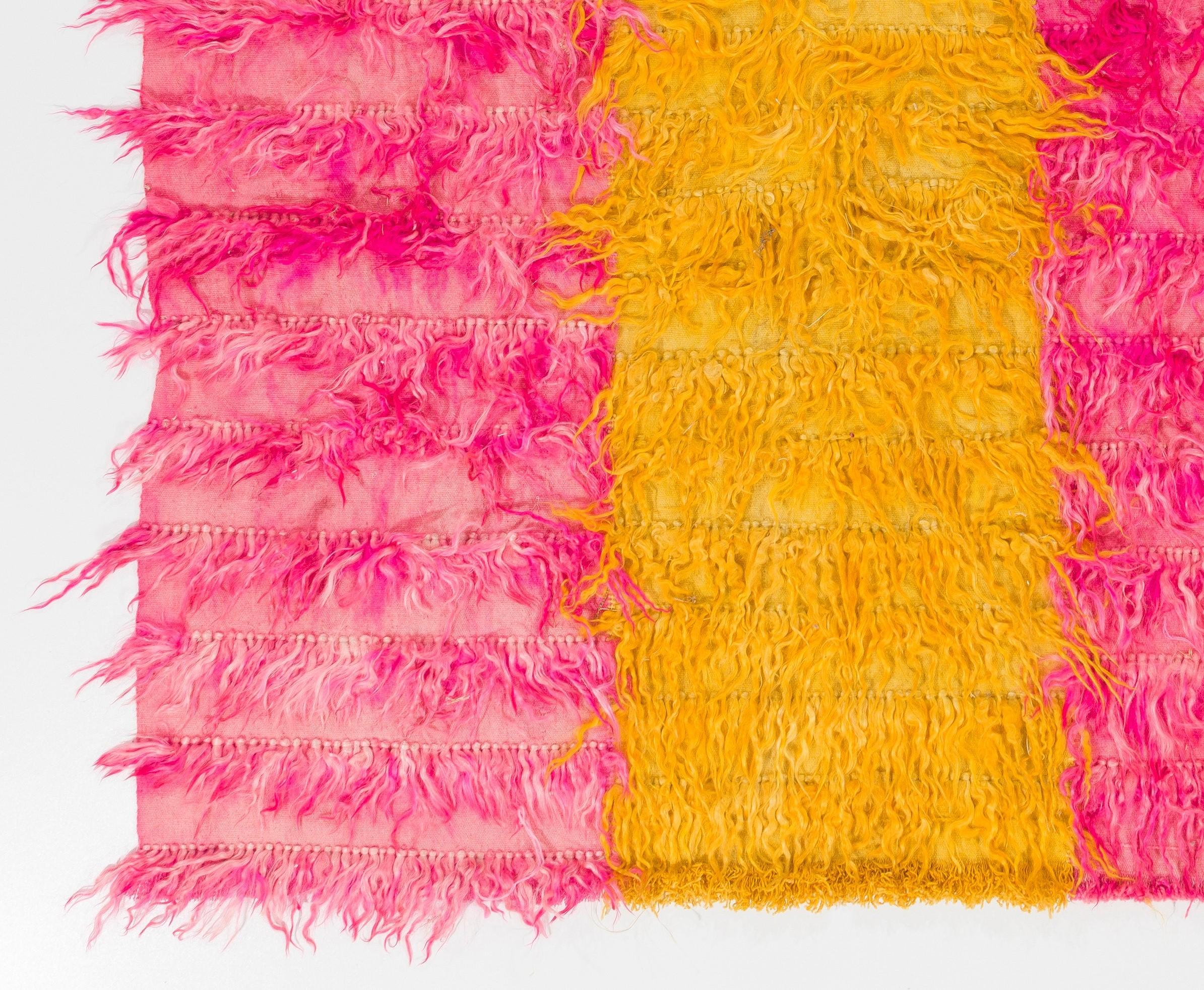 Hand-Woven 8x10 Ft Vintage Pink & Yellow Shag Pile Rug, 100% Wool. Custom Options Available For Sale