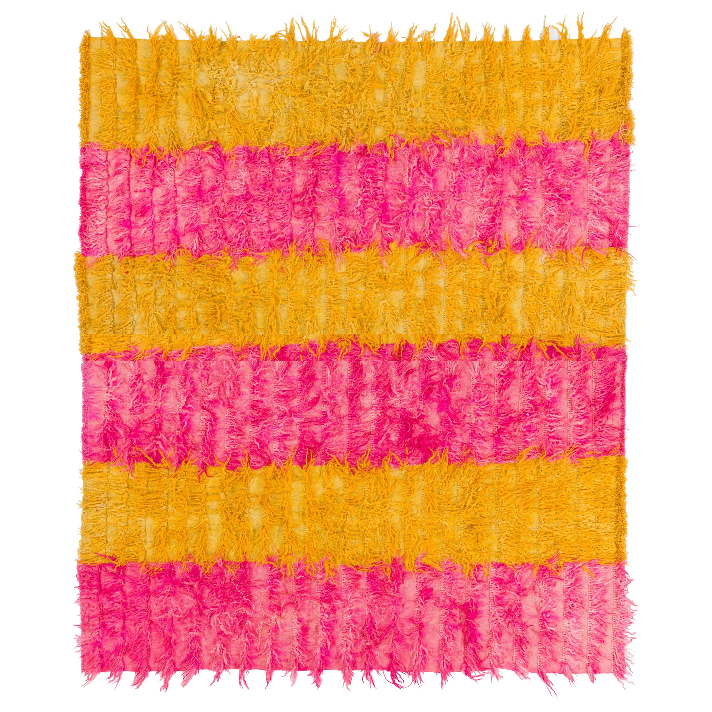 8x10 Ft Vintage Pink & Yellow Shag Pile Rug, 100% Wool. Custom Options Available For Sale